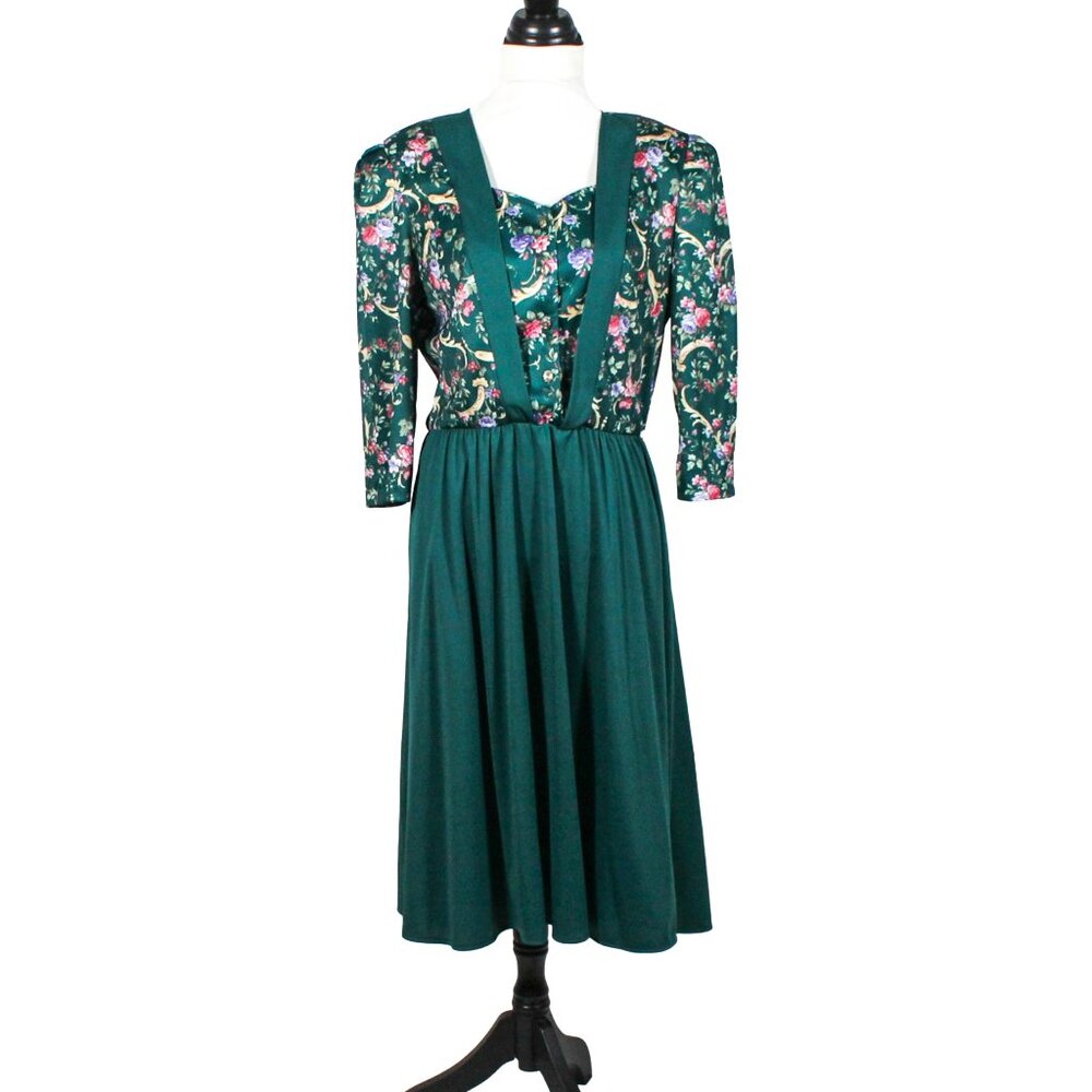 Vintage 70s 80s Hunter Green Floral Dress Cottagecore High Tea Size L–XXL